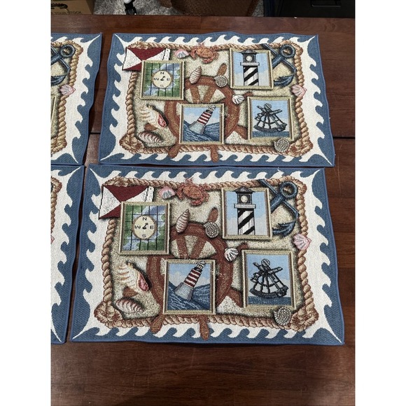 Lighthouse Nautical Tapestry  Placemats set 4 Compass Seagulls Beachhouse‎ Decor - Picture 1 of 6